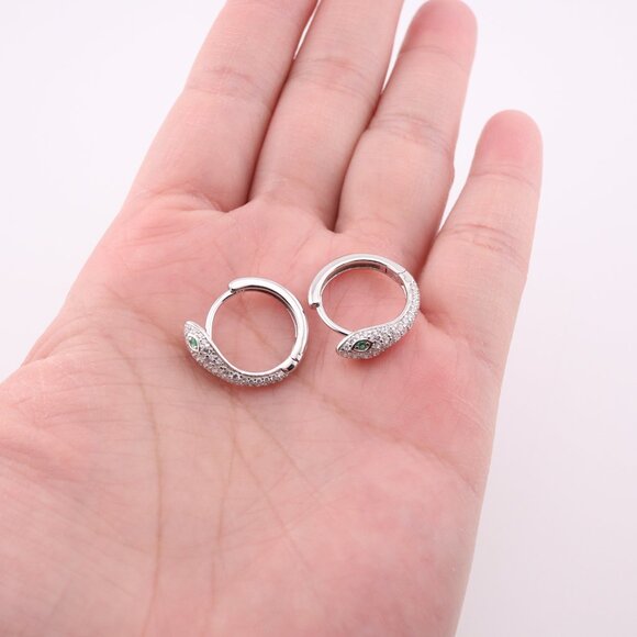 Women's Sterling Silver Snake Hoop Earrings with Green CZ Eyes Unique & Bold ** - Picture 7 of 9